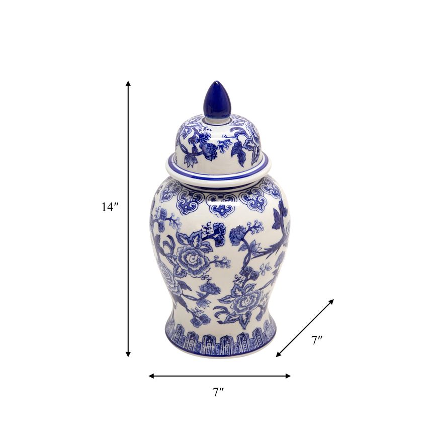 Sagebrook 14" Ceramic Temple Jar Bird/Flower - Blue
