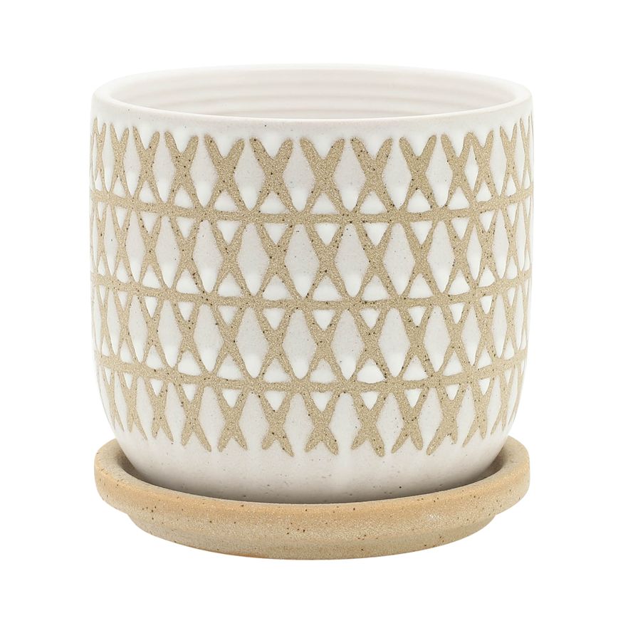 Sagebrook - 5"/6" Criss/Cross Planters With Saucer (Set Of 2) in Beige