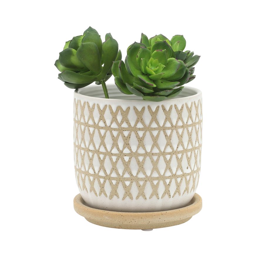 Sagebrook - 5"/6" Criss/Cross Planters With Saucer (Set Of 2) in Beige