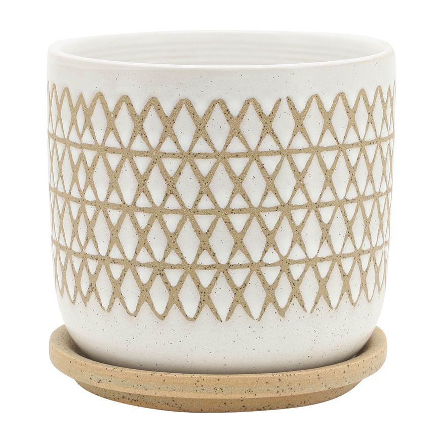 Sagebrook - 5"/6" Criss/Cross Planters With Saucer (Set Of 2) in Beige