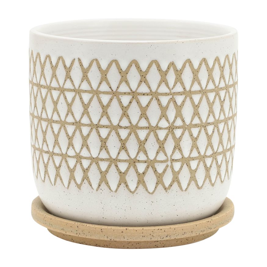 Sagebrook - 5"/6" Criss/Cross Planters With Saucer (Set Of 2) in Beige