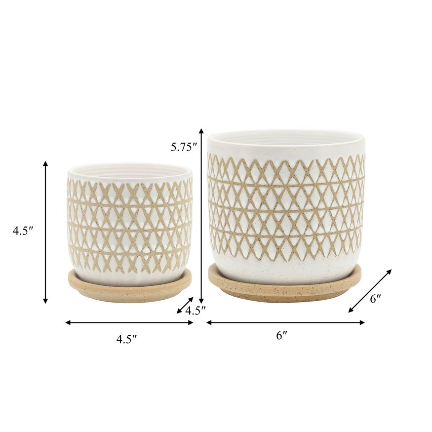Sagebrook - 5"/6" Criss/Cross Planters With Saucer (Set Of 2) in Beige