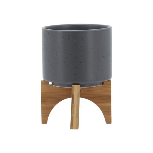 Sagebrook 5" Planter With Wood Stand - Matte Gray