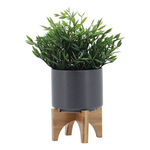 Sagebrook 5" Planter With Wood Stand - Matte Gray