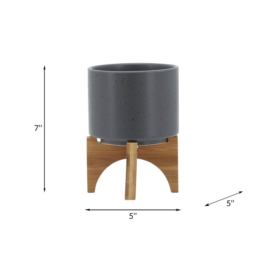 Sagebrook 5" Planter With Wood Stand - Matte Gray