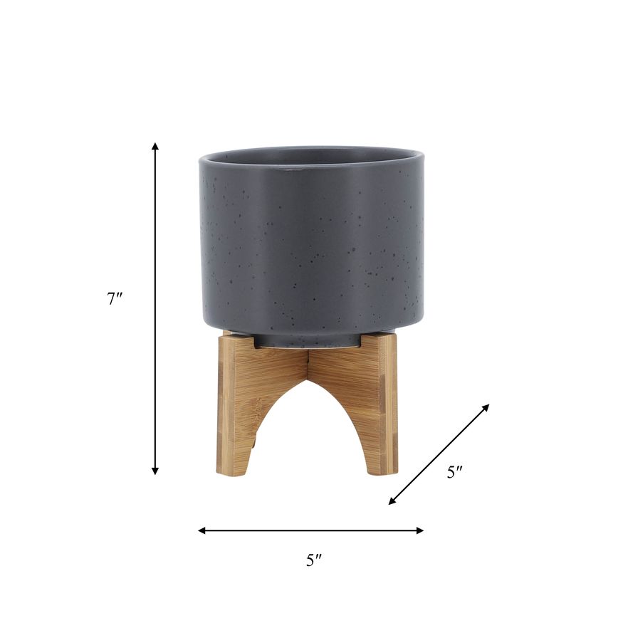 Sagebrook 5" Planter With Wood Stand - Matte Gray