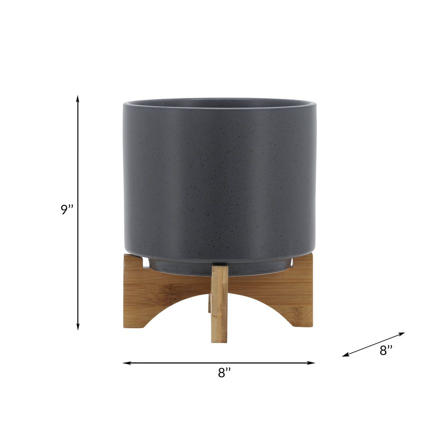 Sagebrook 8" Planter With Wood Stand - Matte Gray