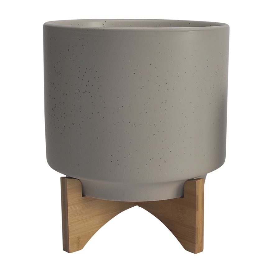 Sagebrook 8"/10" Ceramic Planters With Wood Stand (Set Of 2) - Matte Beige