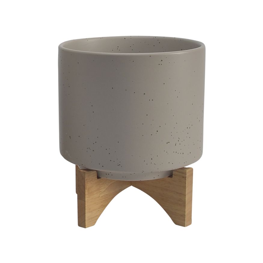 Sagebrook 8"/10" Ceramic Planters With Wood Stand (Set Of 2) - Matte Beige