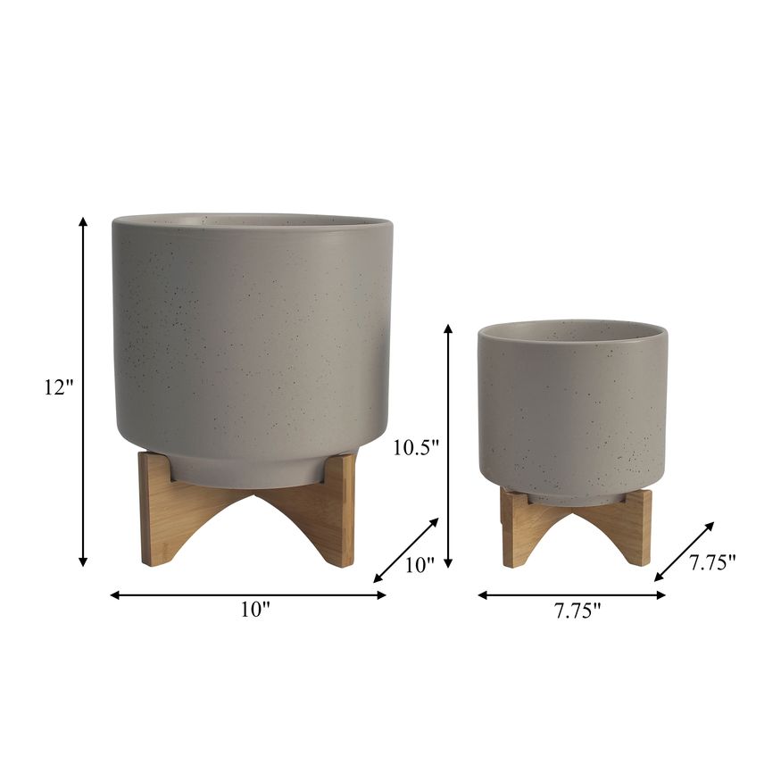 Sagebrook 8"/10" Ceramic Planters With Wood Stand (Set Of 2) - Matte Beige