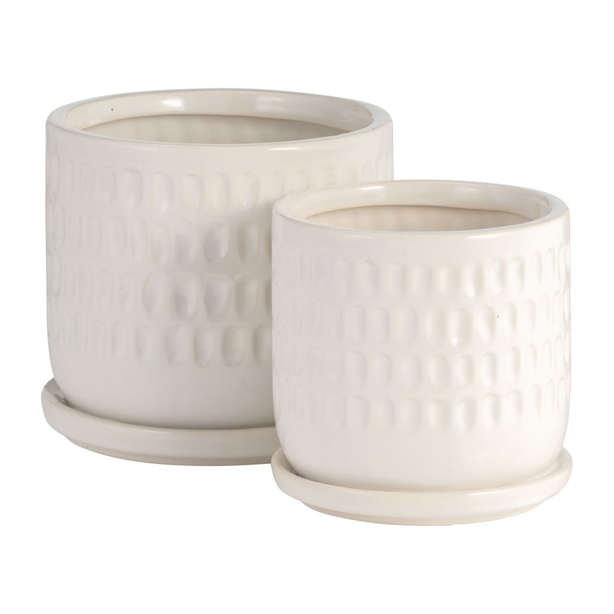 Sagebrook - 5"/6" Dimpled Planters With Saucer (Set Of 2) in White