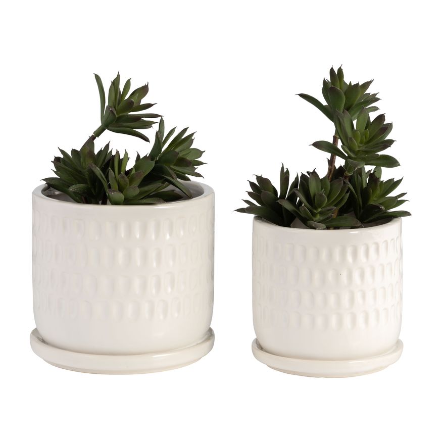 Sagebrook - 5"/6" Dimpled Planters With Saucer (Set Of 2) in White