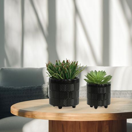 Sagebrook 6"/8" Textured Planters (Set Of 2) - Shiny Black