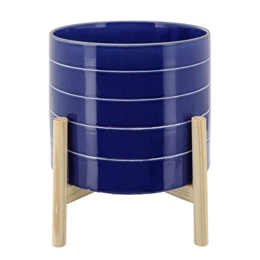 Sagebrook - 10" Striped Planter With Wood Stand