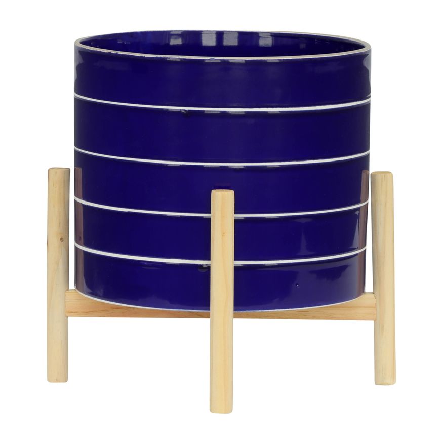 Sagebrook 10" Striped Planter With Wood Stand - Navy