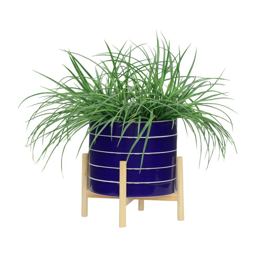 Sagebrook 10" Striped Planter With Wood Stand - Navy