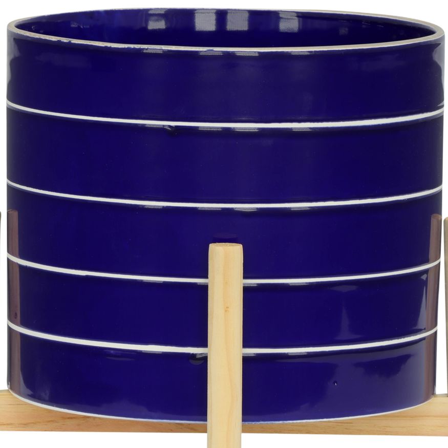 Sagebrook 10" Striped Planter With Wood Stand - Navy
