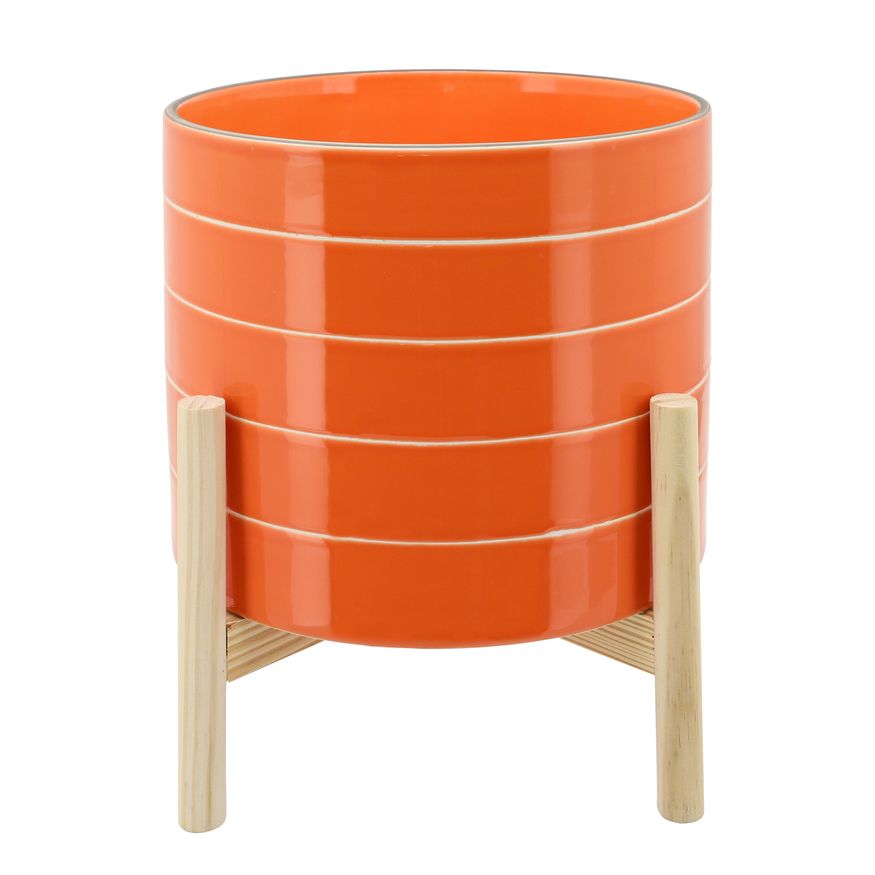 Sagebrook - 10" Striped Planter With Wood Stand