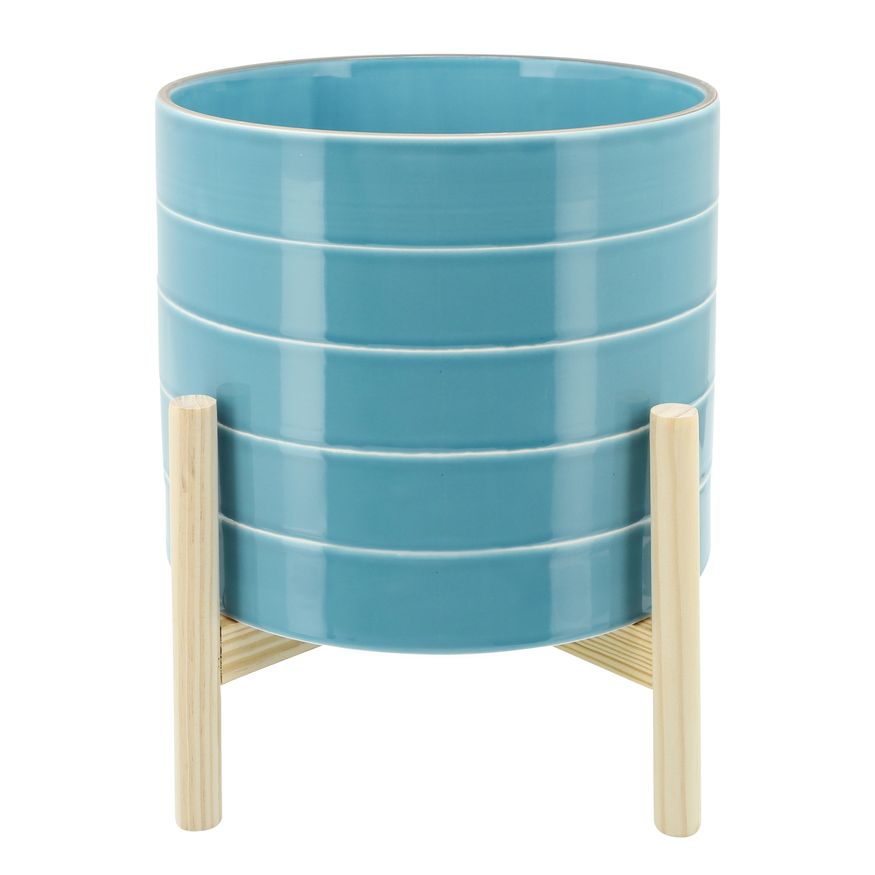 Sagebrook - 10" Striped Planter With Wood Stand