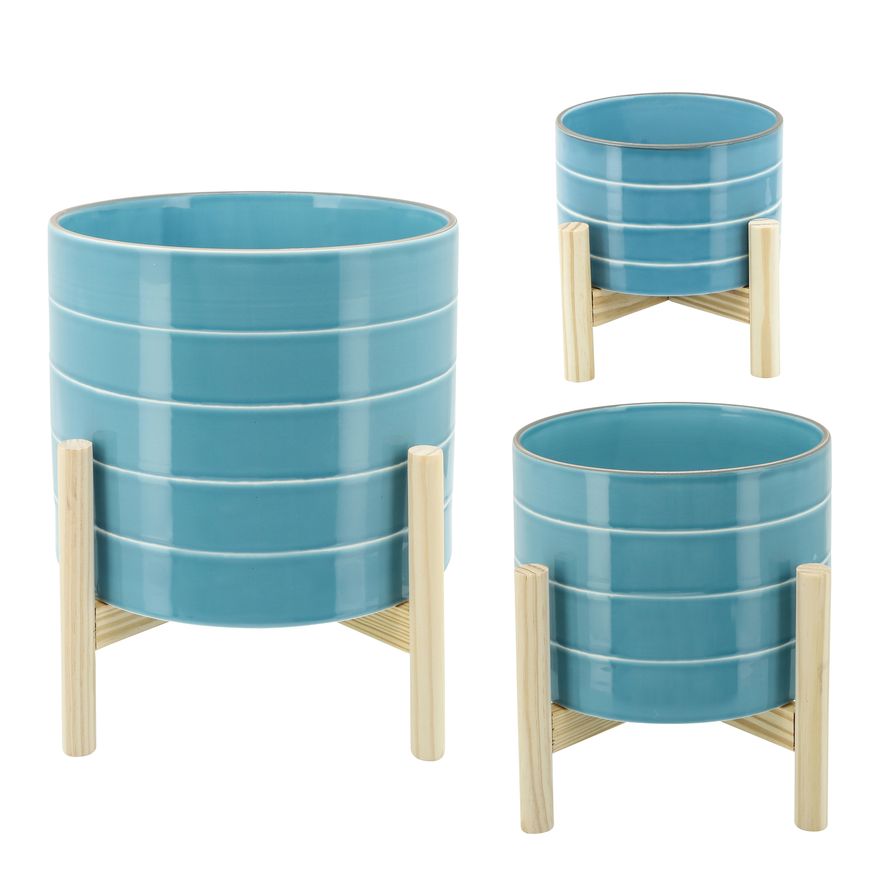 Sagebrook 10" Striped Planter With Wood Stand - Skyblue