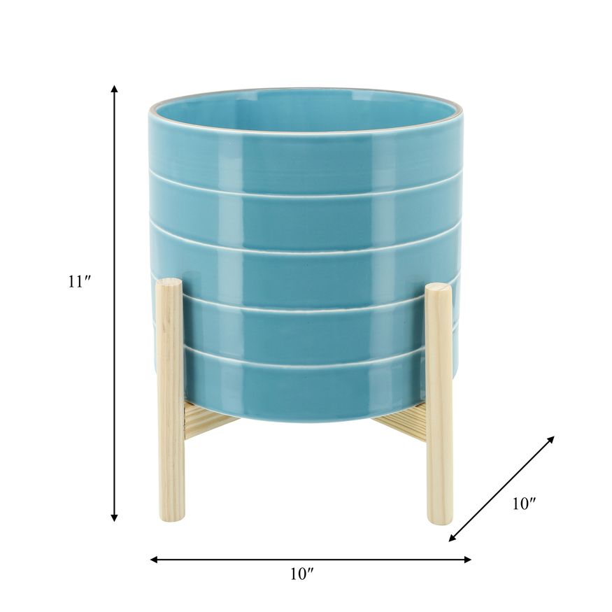 Sagebrook 10" Striped Planter With Wood Stand - Skyblue