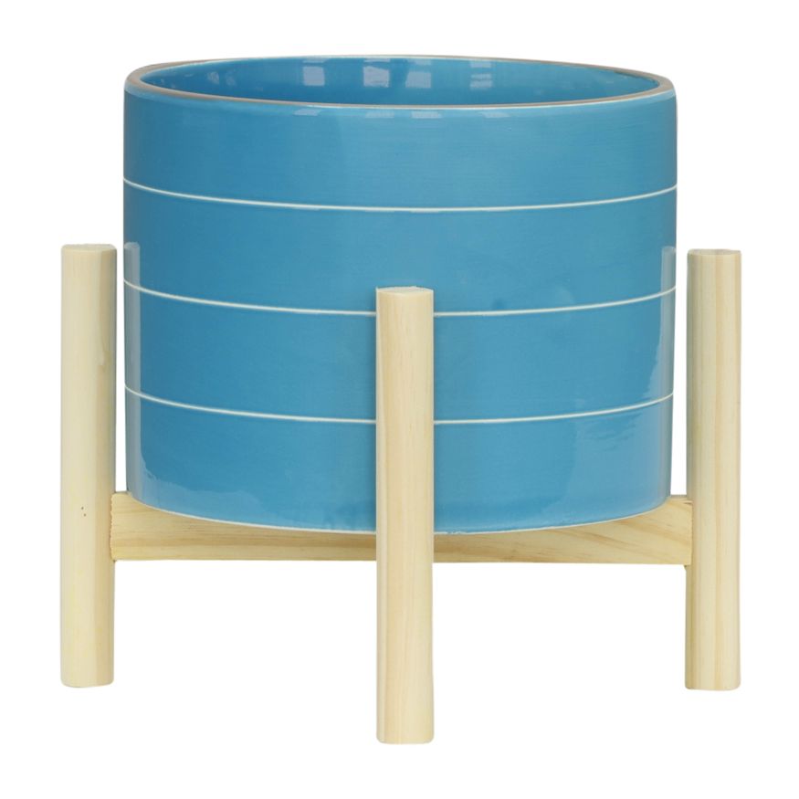 Sagebrook 8" Striped Planter With Wood Stand - Skyblue