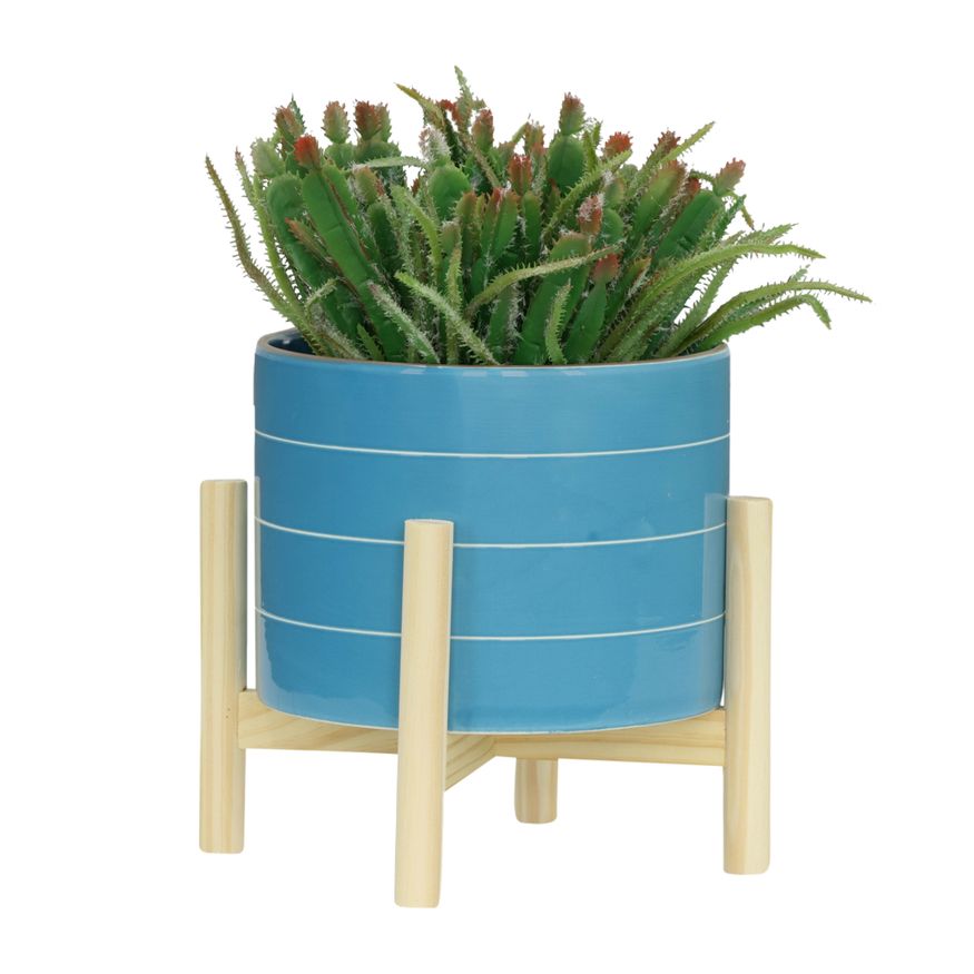 Sagebrook 8" Striped Planter With Wood Stand - Skyblue