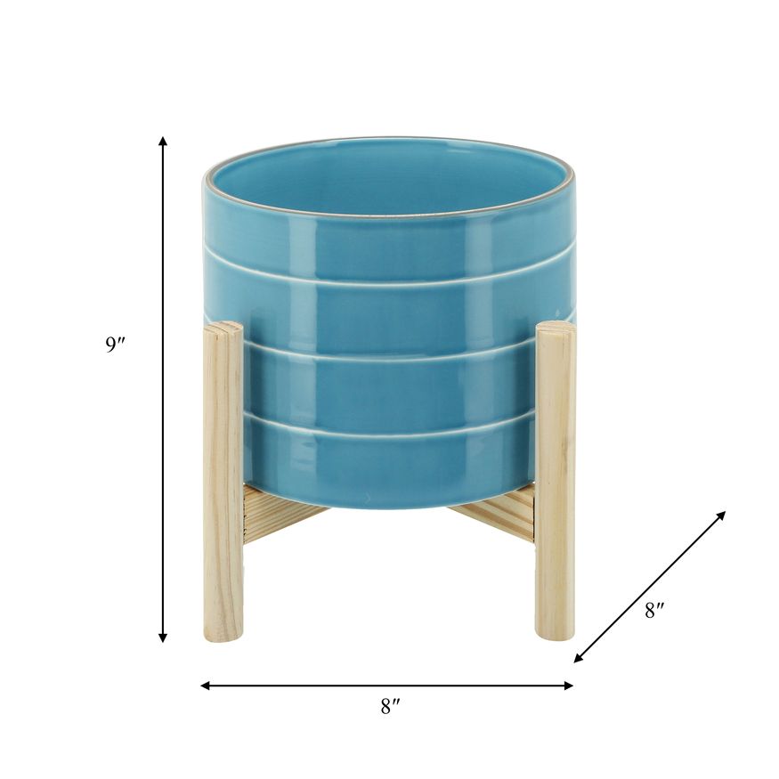 Sagebrook 8" Striped Planter With Wood Stand - Skyblue
