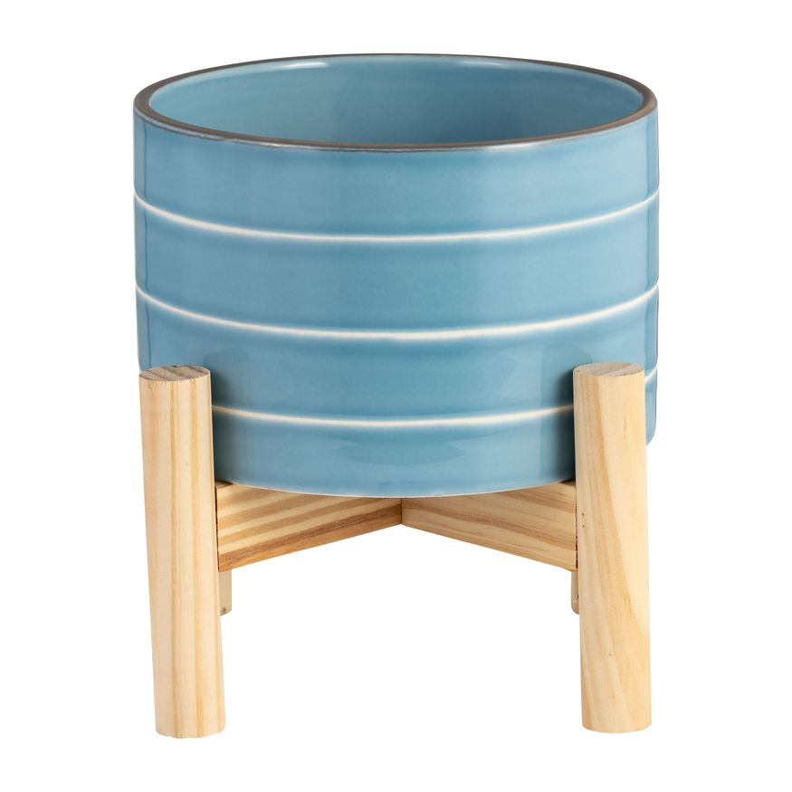 Sagebrook 6" Striped Planter With Wood Stand - Skyblue