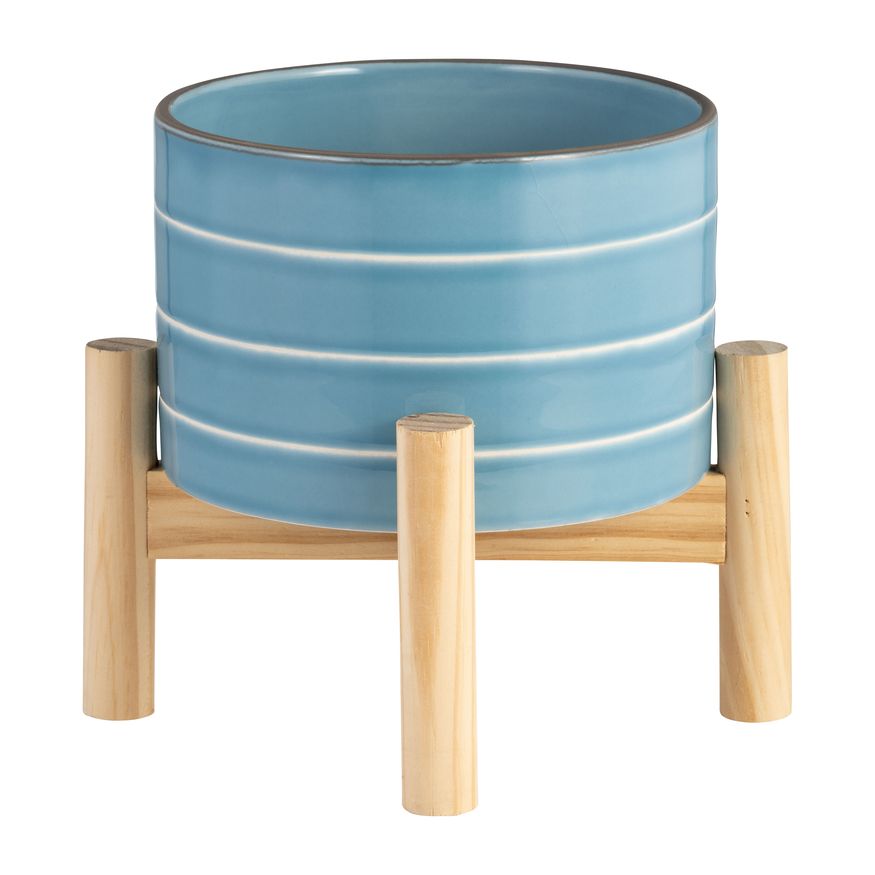 Sagebrook 6" Striped Planter With Wood Stand - Skyblue