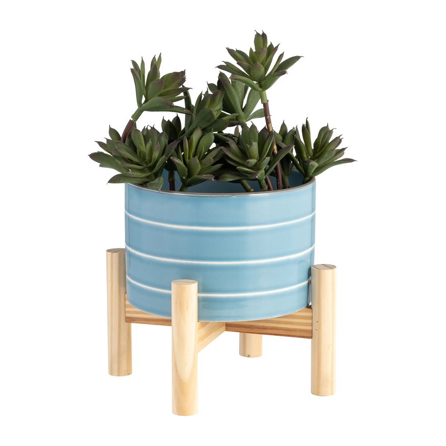 Sagebrook 6" Striped Planter With Wood Stand - Skyblue