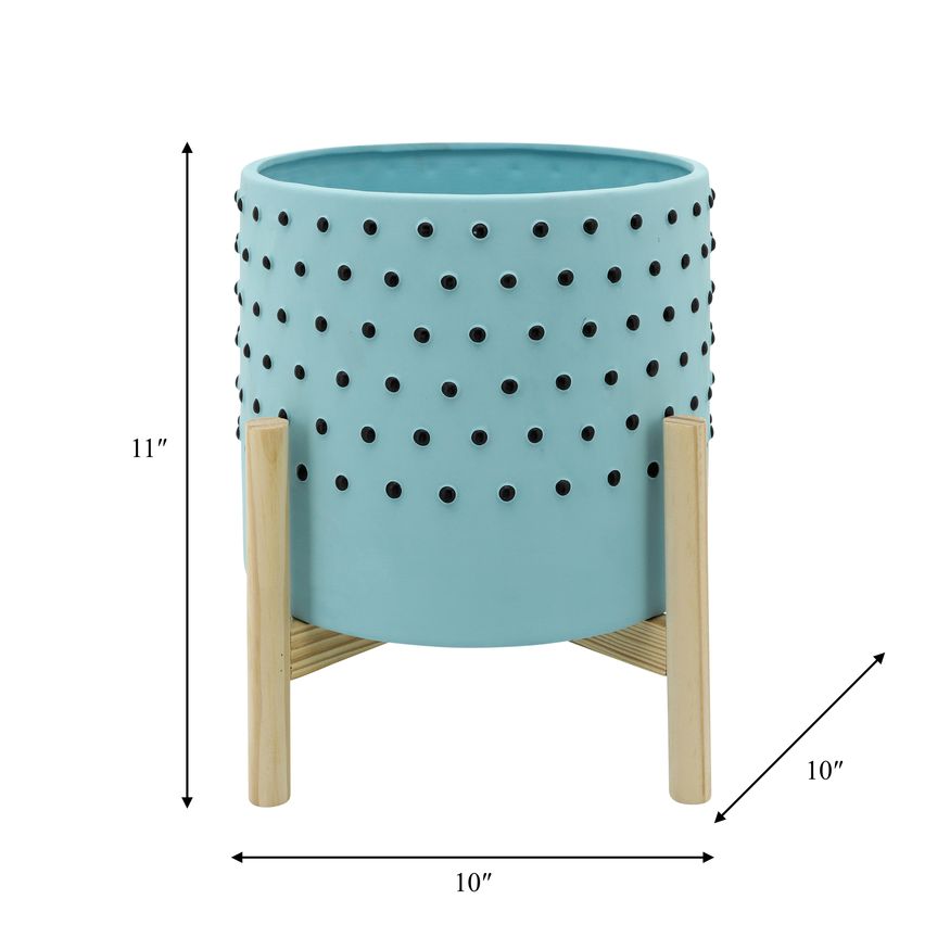 Sagebrook 10" Dotted Planter With Wood Stand - Blue