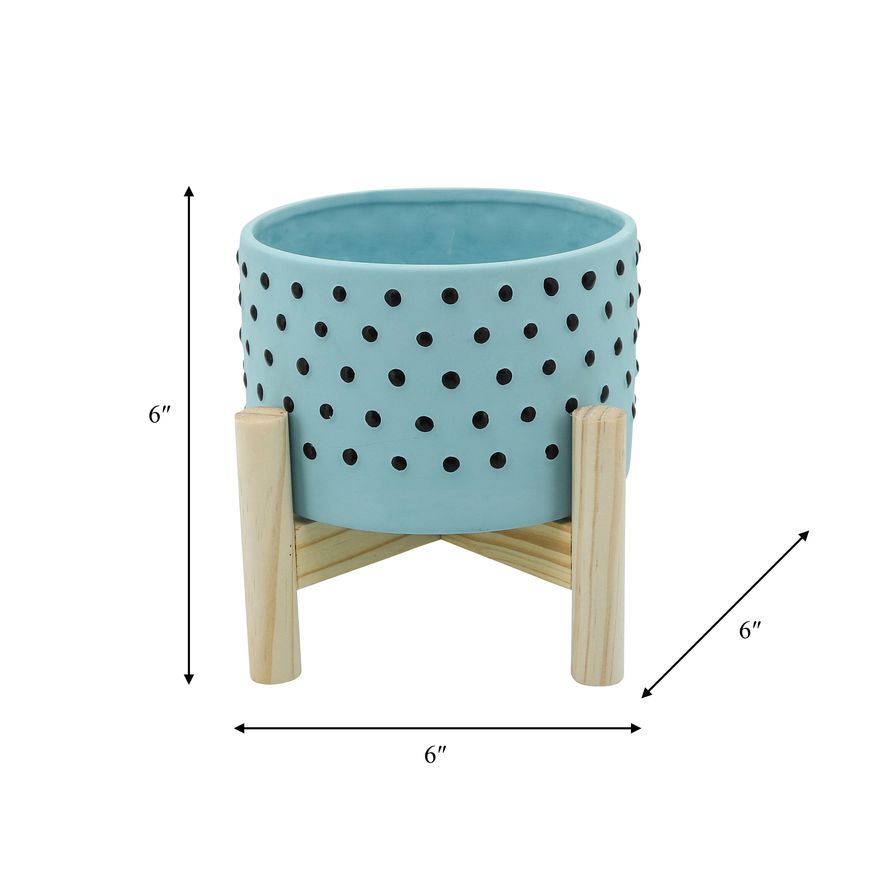 Sagebrook 6" Dotted Planter With Wood Stand - Blue