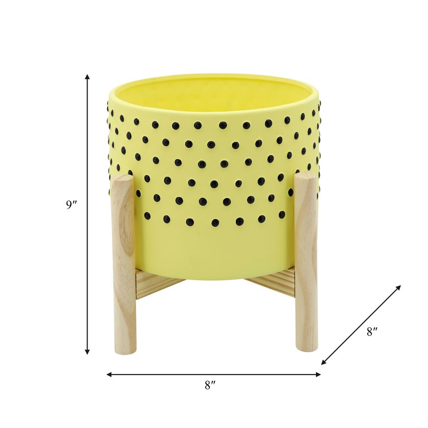 Sagebrook 8" Dotted Planter With Wood Stand - Yellow