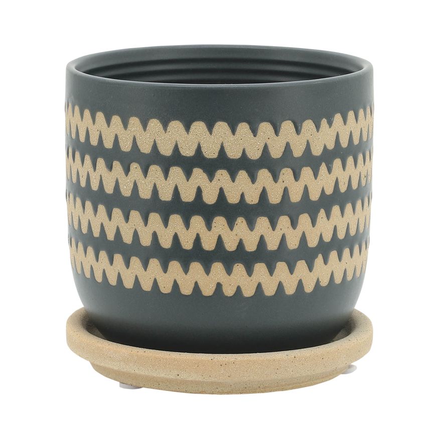Sagebrook 5"/6" Zig-zag Planters With Saucer (Set Of 2) - Teal