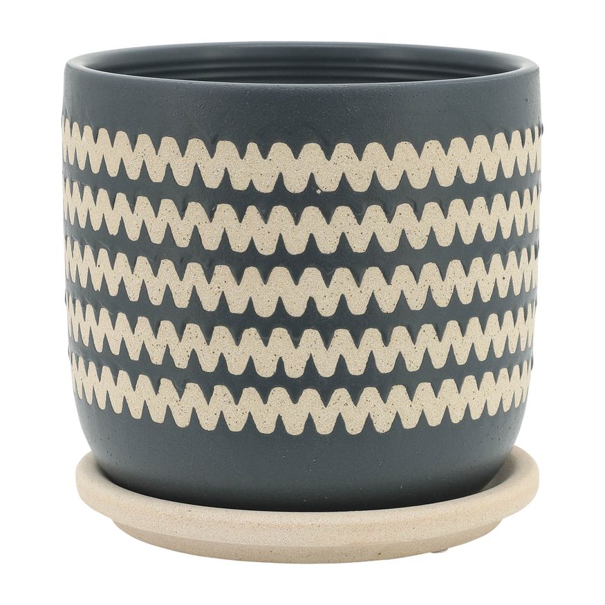 Sagebrook 5"/6" Zig-zag Planters With Saucer (Set Of 2) - Teal