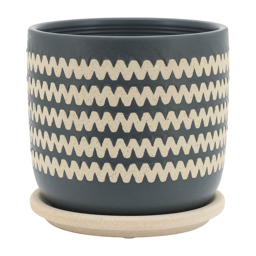 Sagebrook 5"/6" Zig-zag Planters With Saucer (Set Of 2) - Teal