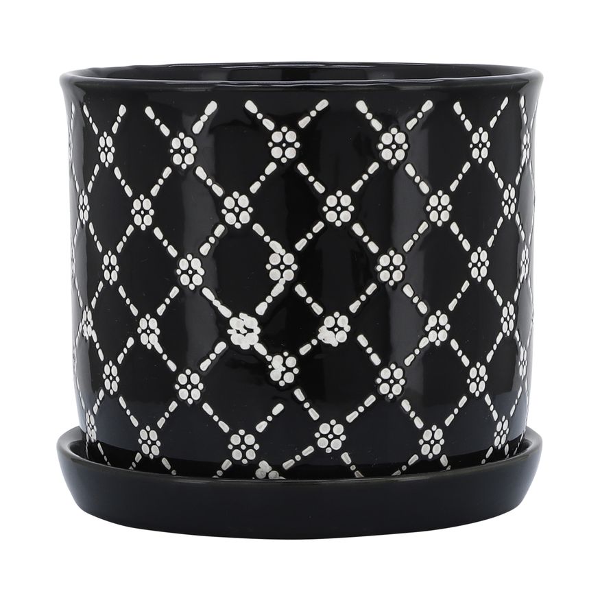 Sagebrook - 6"/8" Chained Daisies Planters With Saucer (Set Of 2) in Black