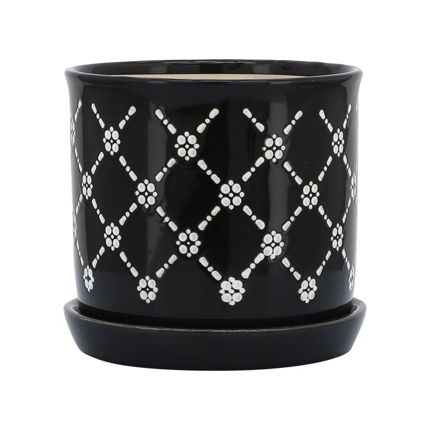 Sagebrook - 6"/8" Chained Daisies Planters With Saucer (Set Of 2) in Black