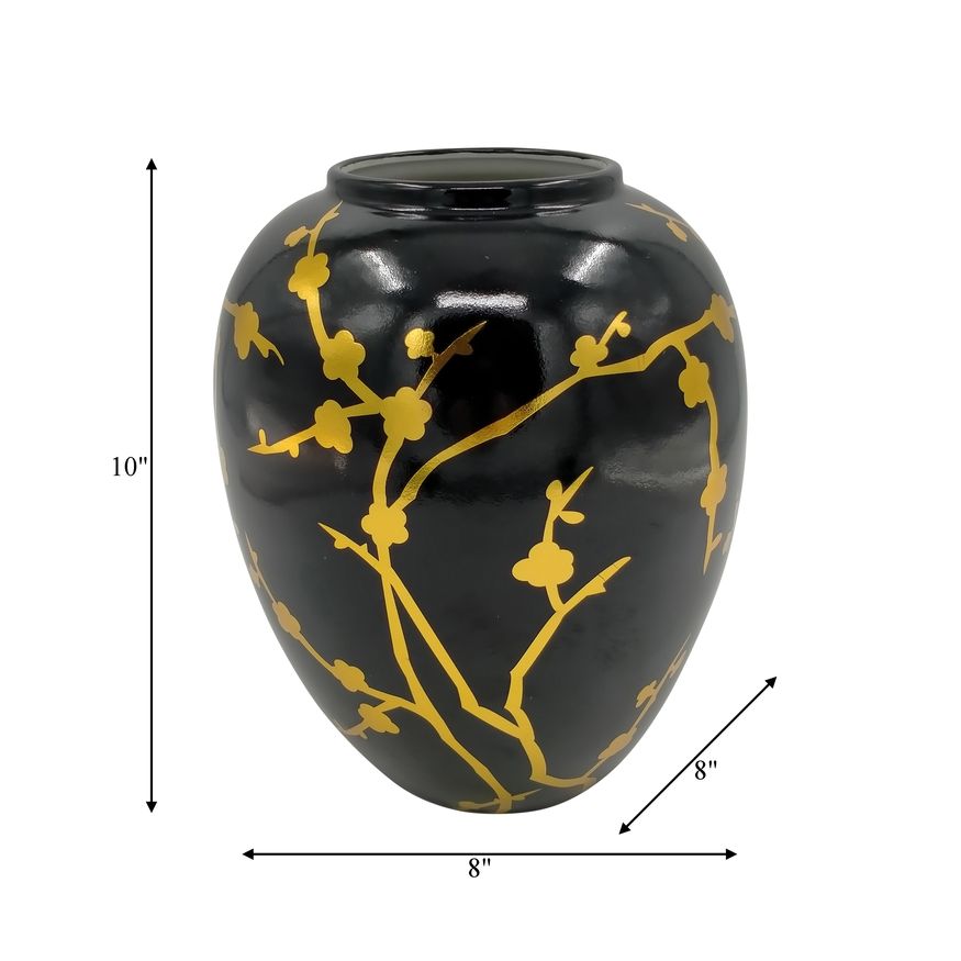 Sagebrook 10" Ceramic Jar With Gold Decal - Black