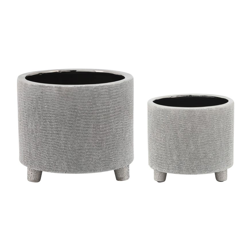 Sagebrook - 6"/8" Footed Scratched Ceramic Planters (Set Of 2)
