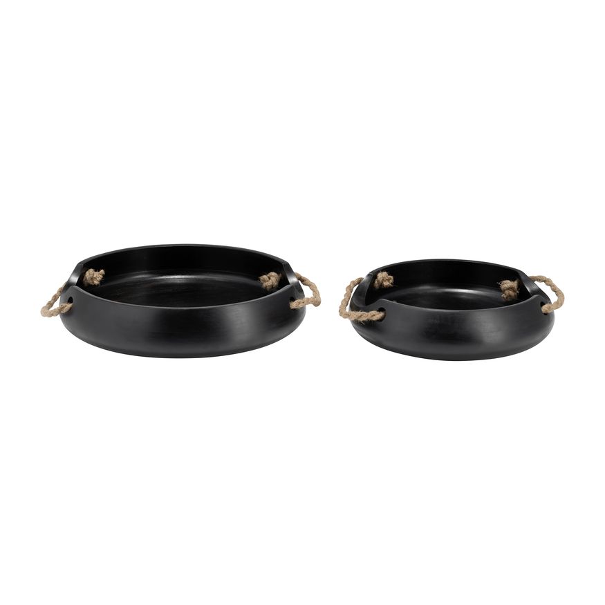 Sagebrook - 12"/15" Wood Round Trays With Rope Handles (Set Of 2) in Black