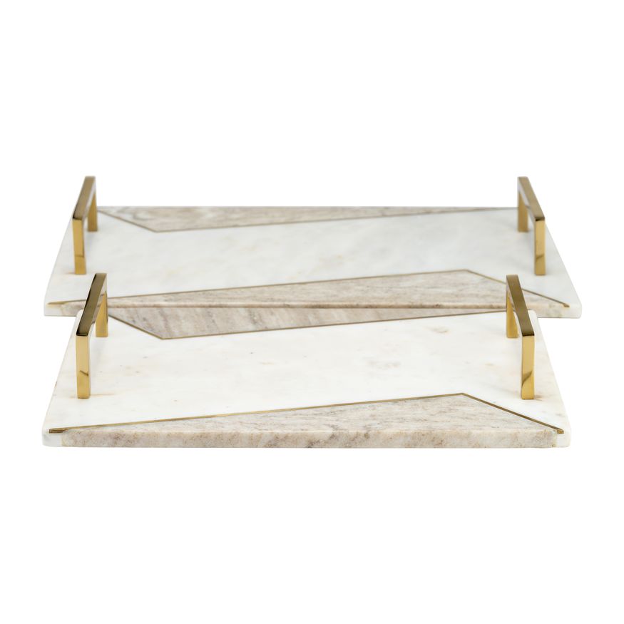 Sagebrook - 15"/18" Marble 2-tone Trays With Handle (Set Of 2) in White