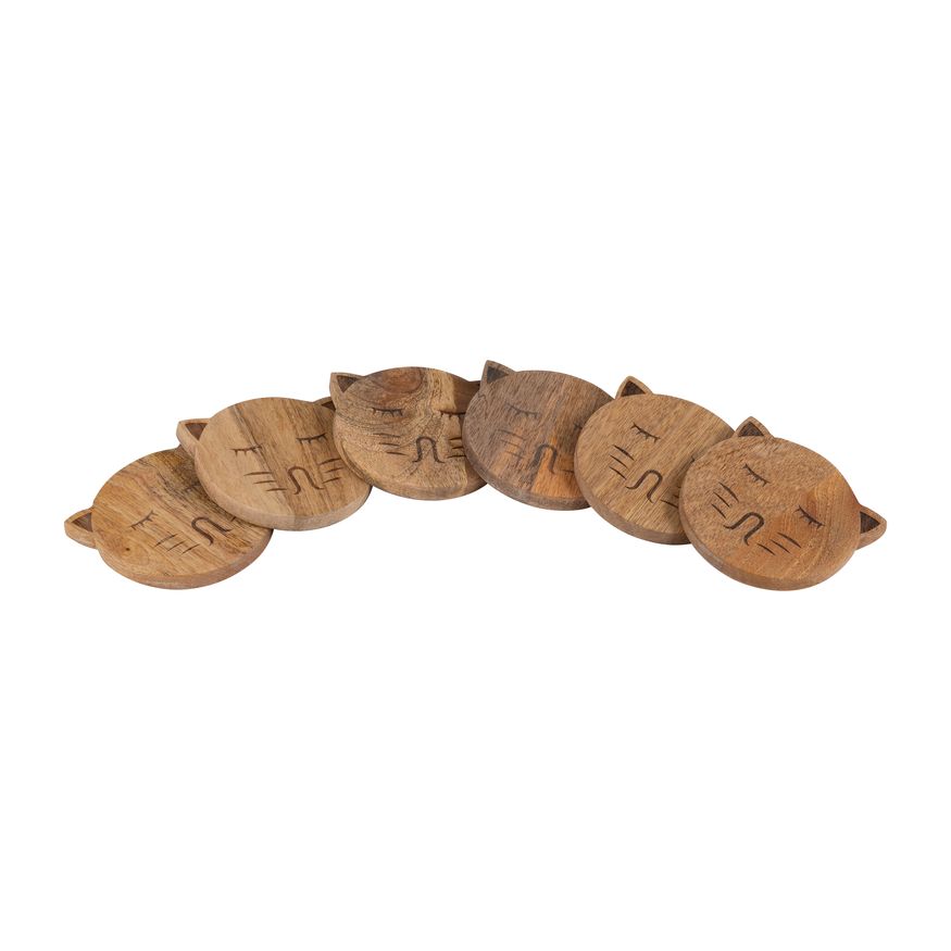 Sagebrook - Wood Cat Face Coasters With Stand (Set Of 6) in Natural