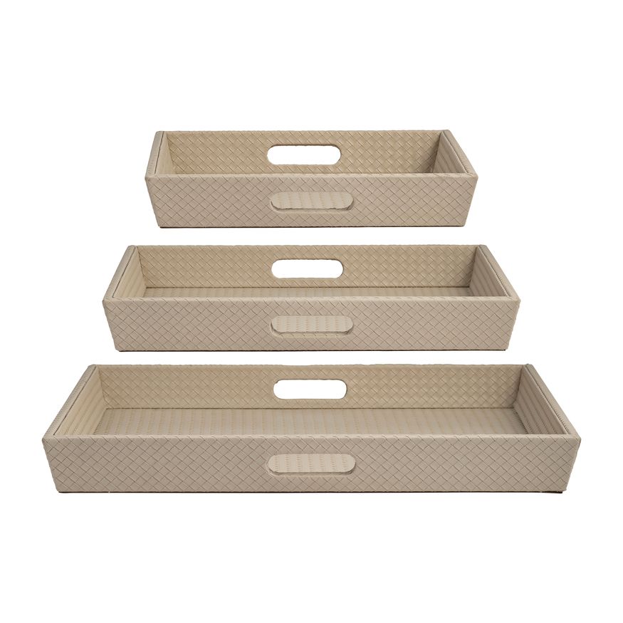 Sagebrook 16"/20"/24" Leather/Wood Diamondweave Trays (Set Of 3) - Tan