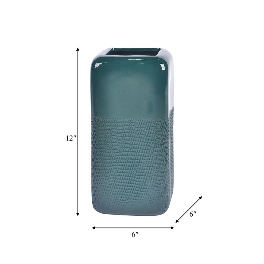 Sagebrook 12" Ceramic Squared Grooved Vase - Forest Green