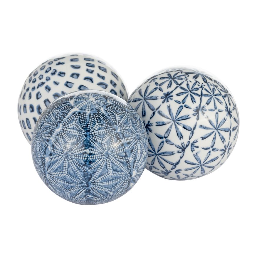 Sagebrook 4" Ceramic Boxed 3/a Painted Orbs - Blue/White