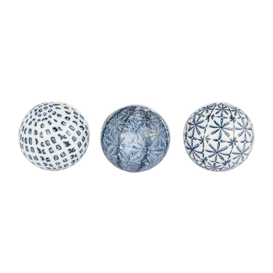 Sagebrook 4" Ceramic Boxed 3/a Painted Orbs - Blue/White
