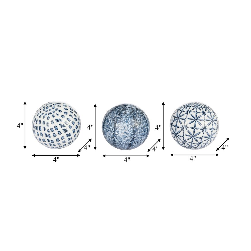 Sagebrook 4" Ceramic Boxed 3/a Painted Orbs - Blue/White