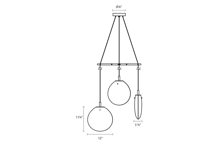 Sonneman Cantina LED Chandelier - Satin Black, Medium 3-Light Tri-Spreader, Clear Glass
